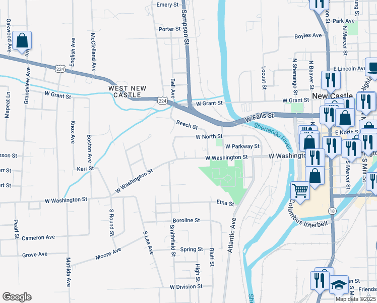 map of restaurants, bars, coffee shops, grocery stores, and more near 811 West Washington Street in New Castle