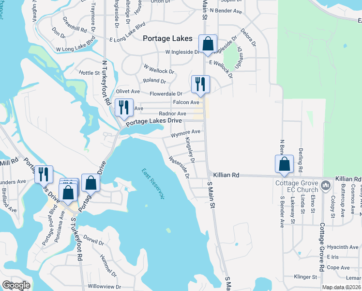 map of restaurants, bars, coffee shops, grocery stores, and more near 79 Organ Avenue in Akron