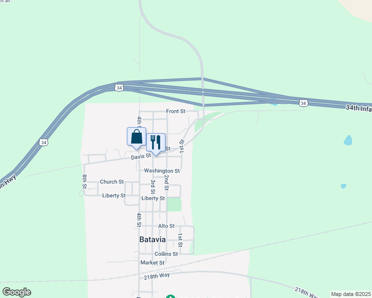 map of restaurants, bars, coffee shops, grocery stores, and more near 1201-1299 1st Street in Batavia