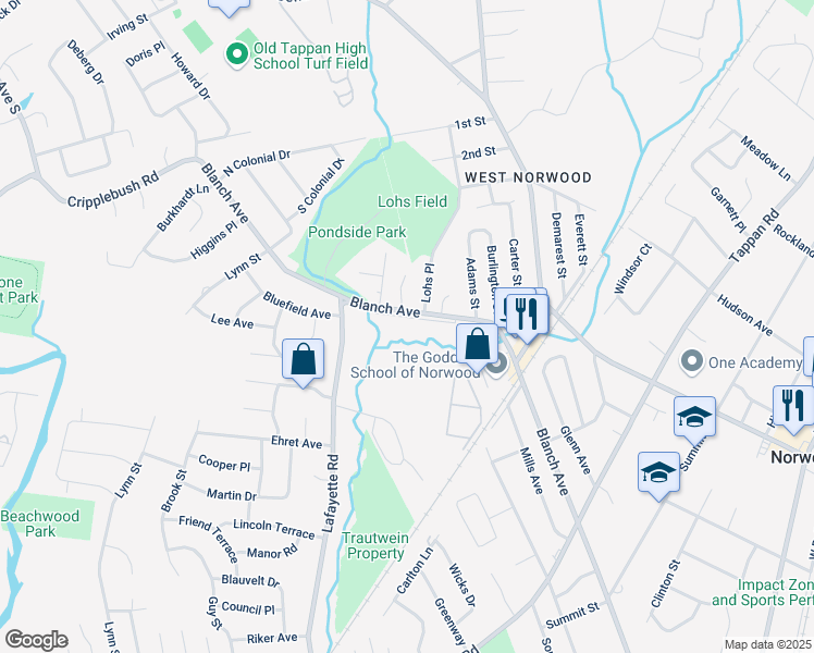 map of restaurants, bars, coffee shops, grocery stores, and more near 60 Blanch Avenue in Harrington Park
