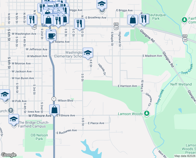 map of restaurants, bars, coffee shops, grocery stores, and more near 501-511 Fairway Place in Fairfield