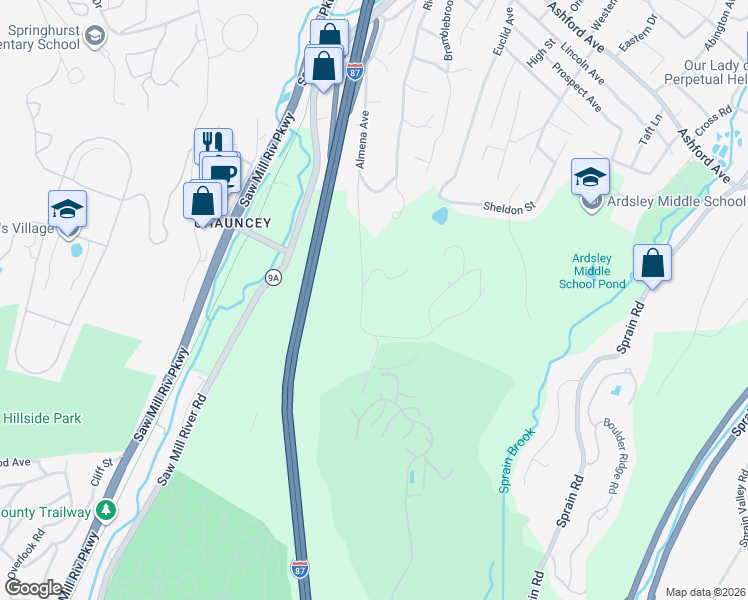 map of restaurants, bars, coffee shops, grocery stores, and more near 475 Winding Road North in Ardsley
