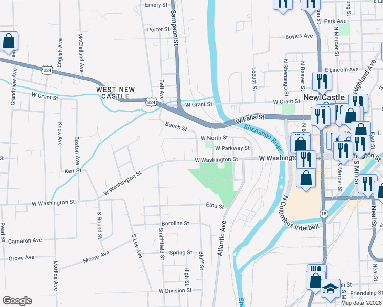 map of restaurants, bars, coffee shops, grocery stores, and more near 708 West Washington Street in New Castle