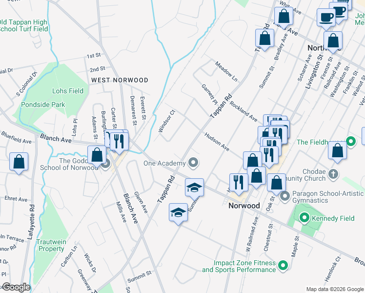 map of restaurants, bars, coffee shops, grocery stores, and more near 275 Tappan Road in Norwood