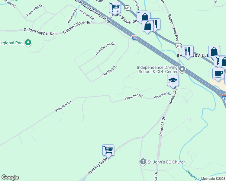 map of restaurants, bars, coffee shops, grocery stores, and more near 1218 T475 in Stroudsburg