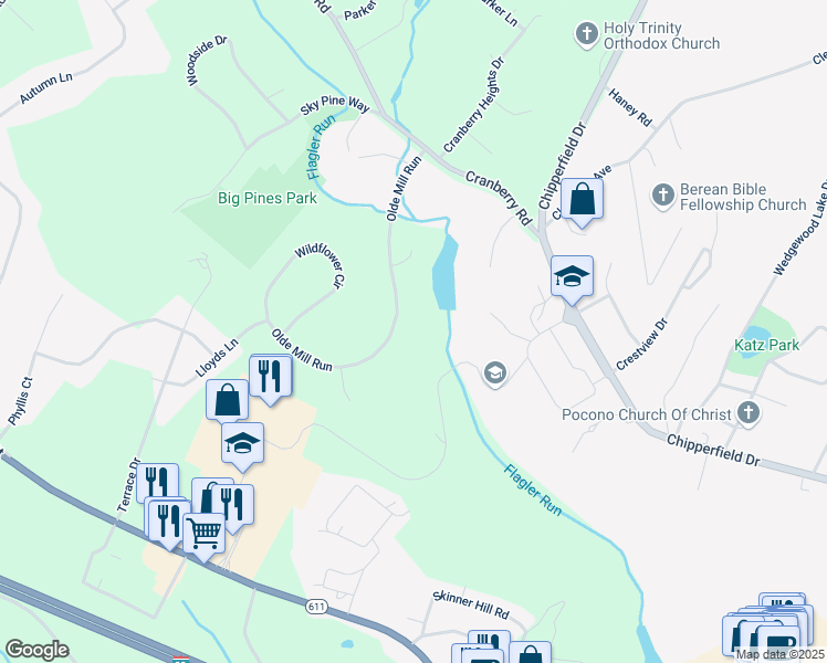 map of restaurants, bars, coffee shops, grocery stores, and more near 41 Olde Mill Run in Stroudsburg