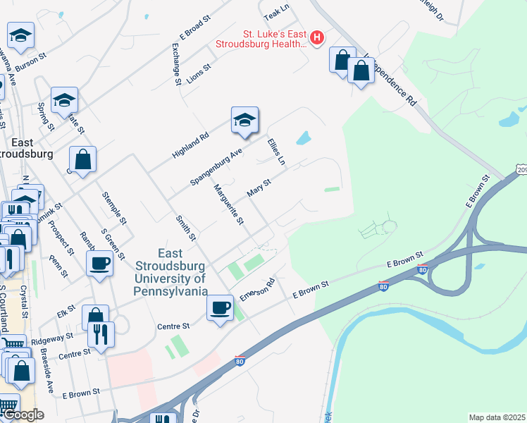 map of restaurants, bars, coffee shops, grocery stores, and more near 184 Gwendolyn Street in East Stroudsburg