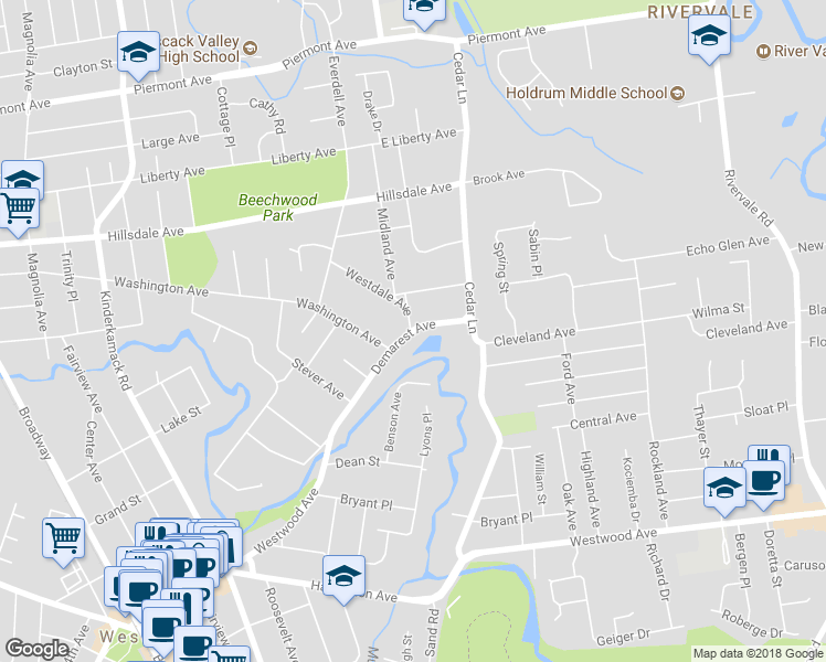 map of restaurants, bars, coffee shops, grocery stores, and more near 102 Demarest Avenue in River Vale
