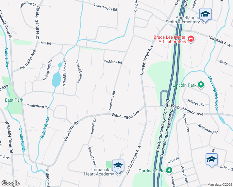 map of restaurants, bars, coffee shops, grocery stores, and more near 767 Wearimus Road in Township of Washington