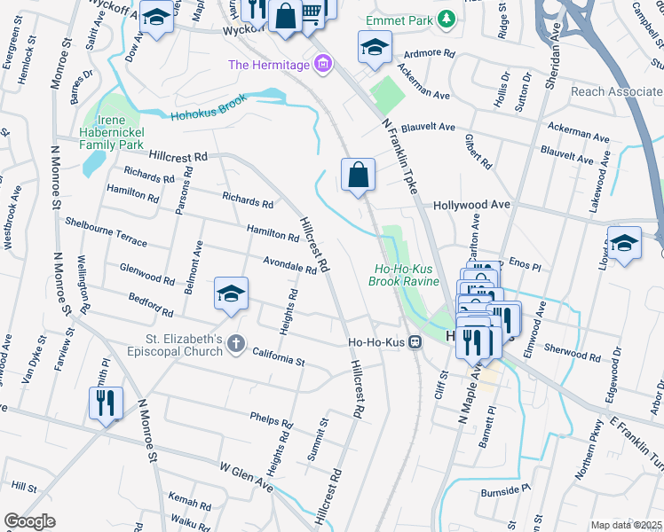 map of restaurants, bars, coffee shops, grocery stores, and more near 757 Hillcrest Road in Ridgewood