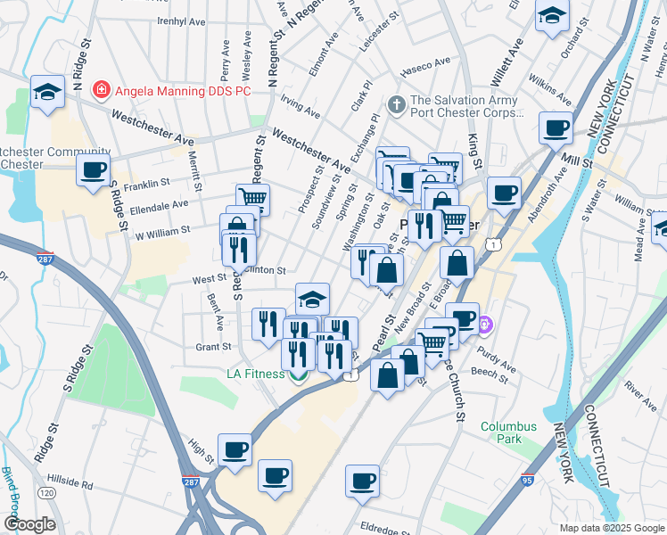 map of restaurants, bars, coffee shops, grocery stores, and more near 118 Washington Street in Port Chester