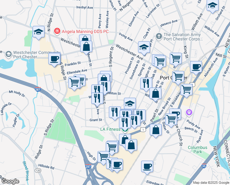 map of restaurants, bars, coffee shops, grocery stores, and more near 319 Olivia Street in Port Chester