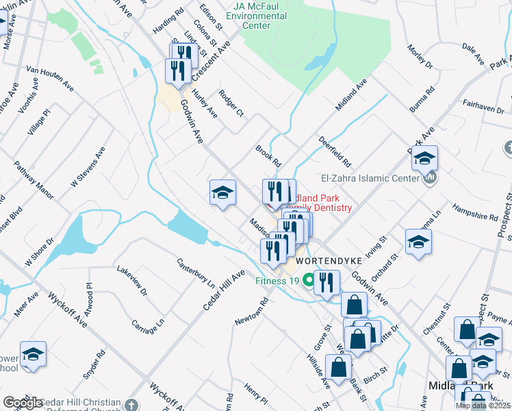 map of restaurants, bars, coffee shops, grocery stores, and more near in Midland Park