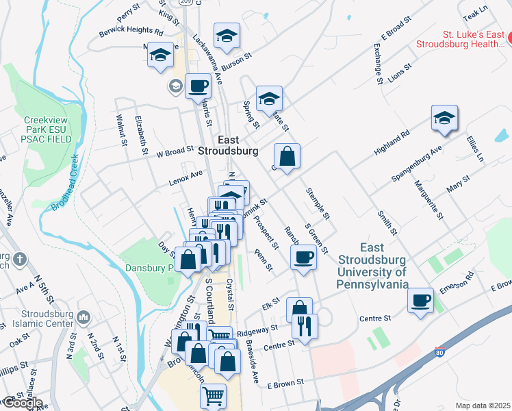 map of restaurants, bars, coffee shops, grocery stores, and more near 20 Prospect Street in East Stroudsburg