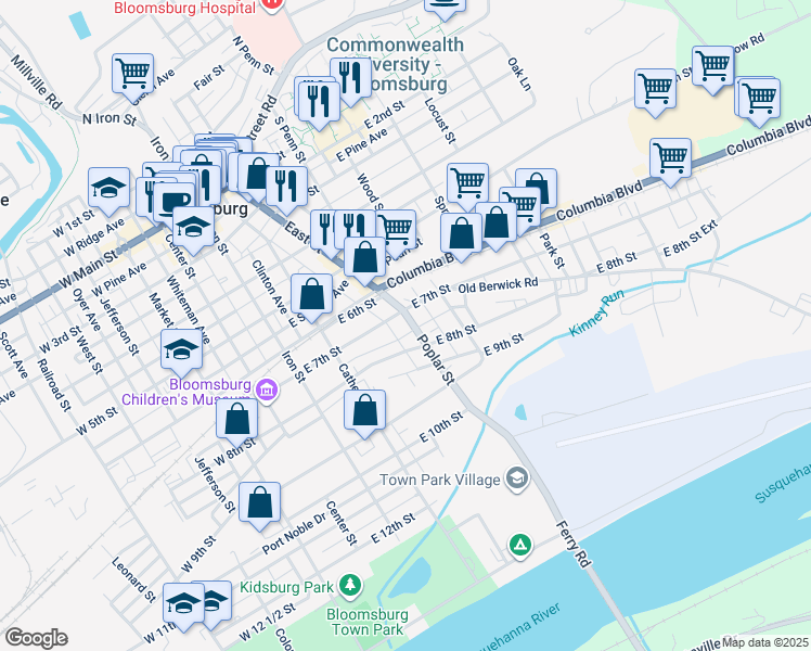 map of restaurants, bars, coffee shops, grocery stores, and more near 716 Poplar Street in Bloomsburg