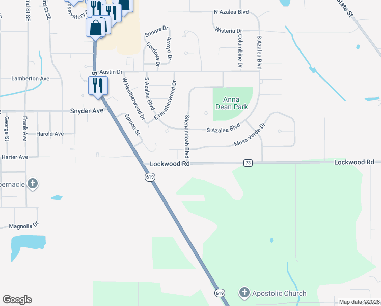 map of restaurants, bars, coffee shops, grocery stores, and more near 387 Shenandoah Boulevard in Barberton