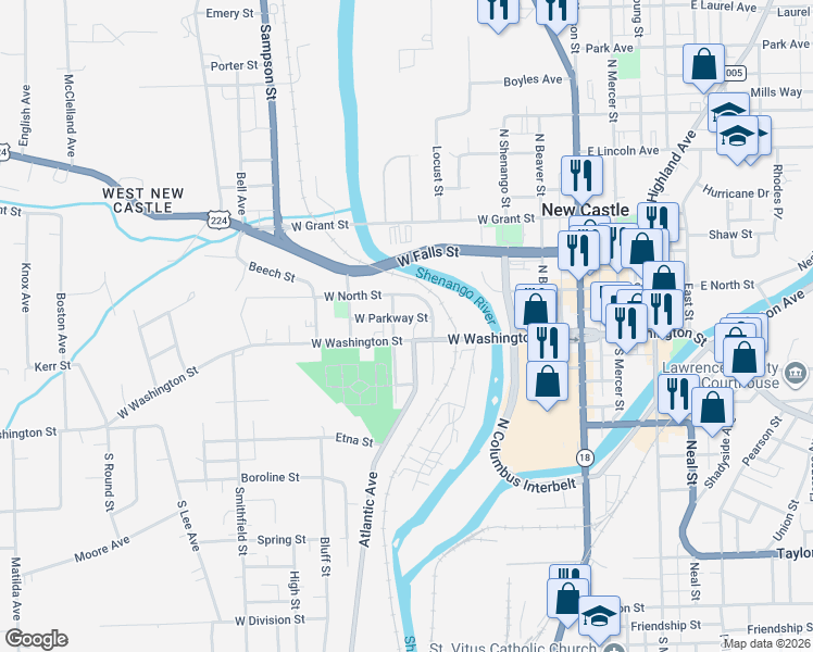 map of restaurants, bars, coffee shops, grocery stores, and more near 407 West Washington Street in New Castle