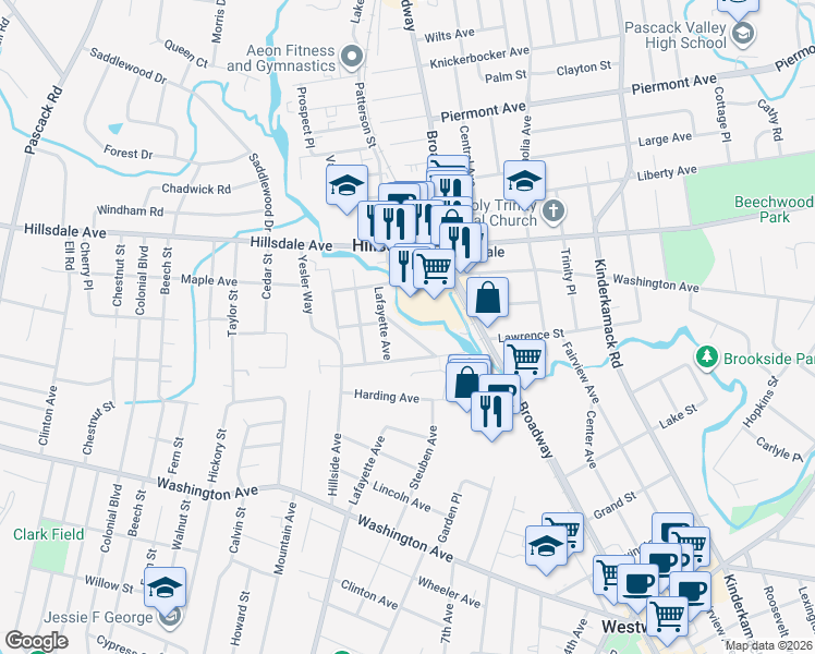 map of restaurants, bars, coffee shops, grocery stores, and more near 50 Riverside Drive in Hillsdale