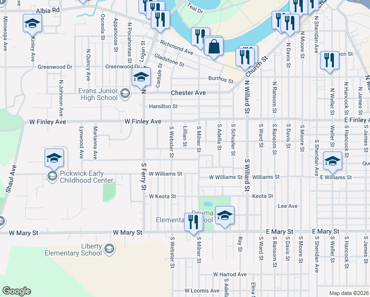 map of restaurants, bars, coffee shops, grocery stores, and more near 148 Lillian Street in Ottumwa