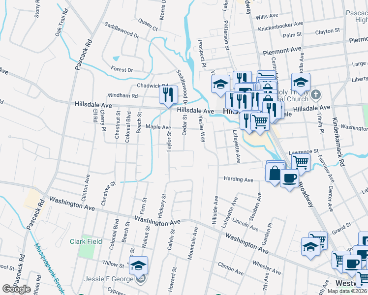 map of restaurants, bars, coffee shops, grocery stores, and more near 15 Summit Street in Hillsdale
