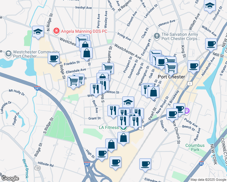 map of restaurants, bars, coffee shops, grocery stores, and more near 319 Olivia Street in Port Chester