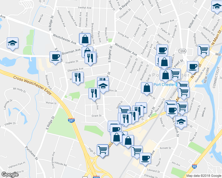 map of restaurants, bars, coffee shops, grocery stores, and more near 27 Fairview Place in Port Chester