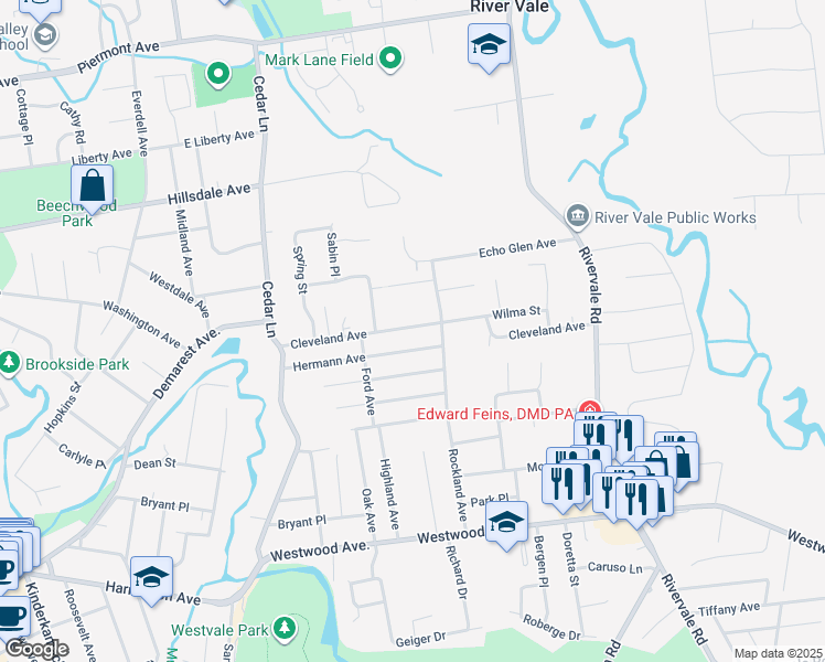 map of restaurants, bars, coffee shops, grocery stores, and more near 563 Hermann Avenue in River Vale