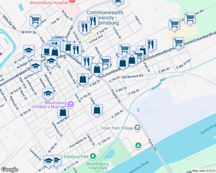 map of restaurants, bars, coffee shops, grocery stores, and more near 716 Poplar Street in Bloomsburg