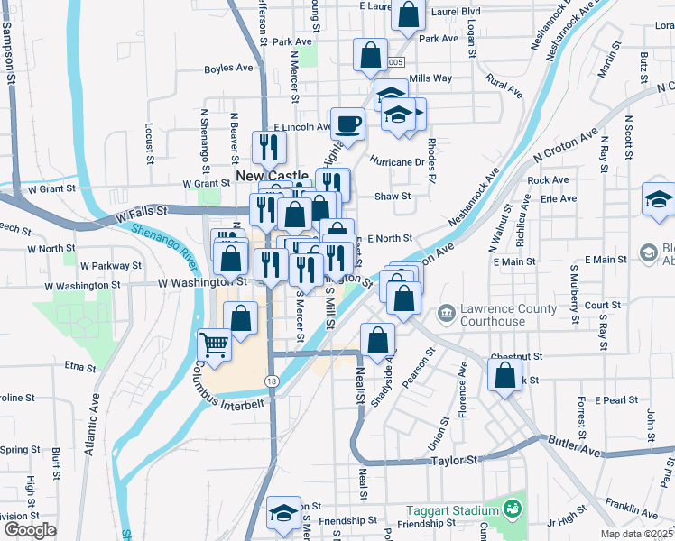 map of restaurants, bars, coffee shops, grocery stores, and more near 19-29 Mill Bridge Road in New Castle