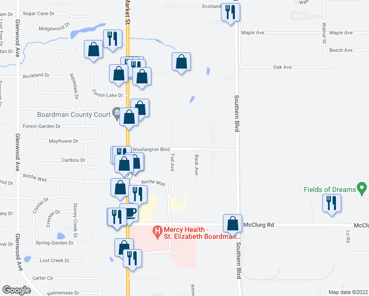 map of restaurants, bars, coffee shops, grocery stores, and more near Washington Boulevard in Boardman