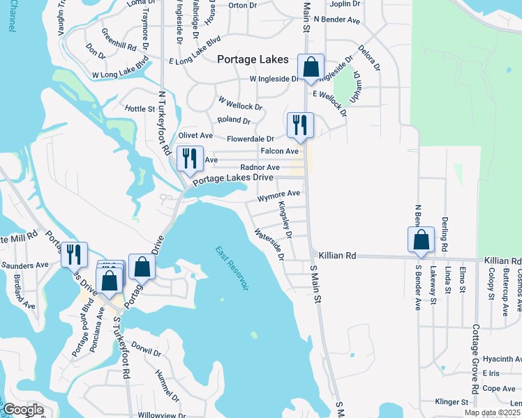 map of restaurants, bars, coffee shops, grocery stores, and more near 62 Portage Lakes Drive in Akron