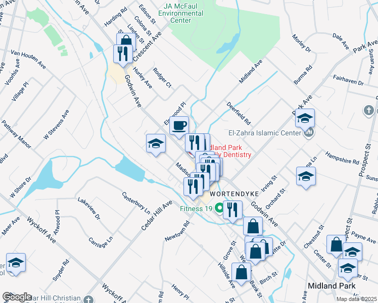 map of restaurants, bars, coffee shops, grocery stores, and more near 670 Godwin Avenue in Midland Park