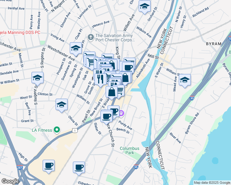 map of restaurants, bars, coffee shops, grocery stores, and more near 123 Westchester Avenue in Port Chester