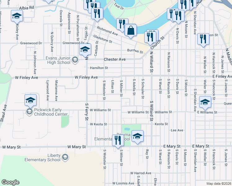 map of restaurants, bars, coffee shops, grocery stores, and more near 100-148 Lillian St in Ottumwa