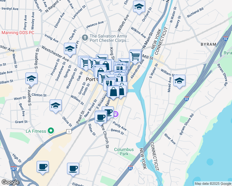 map of restaurants, bars, coffee shops, grocery stores, and more near 17 King Street in Port Chester