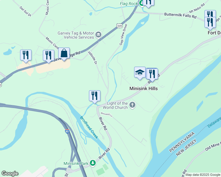 map of restaurants, bars, coffee shops, grocery stores, and more near in Minisink Hills