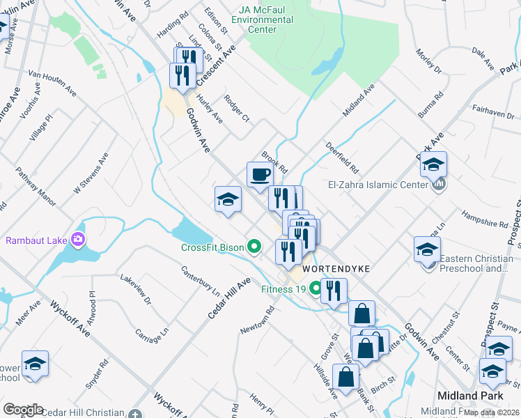 map of restaurants, bars, coffee shops, grocery stores, and more near 707 Godwin Avenue in Midland Park