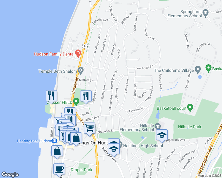 map of restaurants, bars, coffee shops, grocery stores, and more near 106 Euclid Avenue in Hastings-on-Hudson