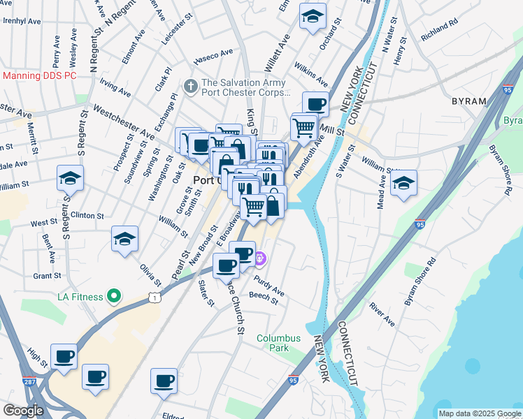 map of restaurants, bars, coffee shops, grocery stores, and more near 17 King Street in Port Chester