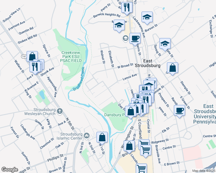 map of restaurants, bars, coffee shops, grocery stores, and more near 138 Lenox Avenue in East Stroudsburg