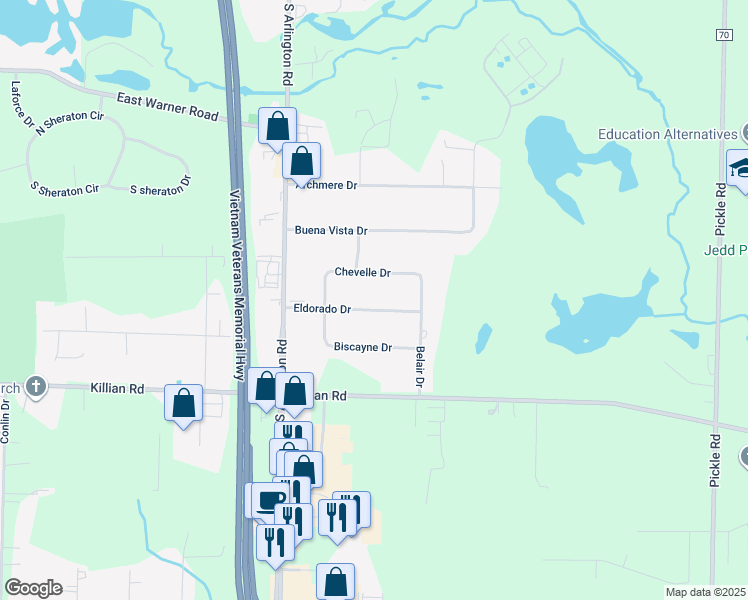 map of restaurants, bars, coffee shops, grocery stores, and more near 960 Chevelle Drive in Akron