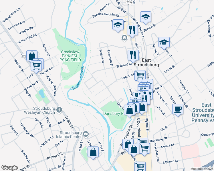 map of restaurants, bars, coffee shops, grocery stores, and more near 138 Lenox Avenue in East Stroudsburg