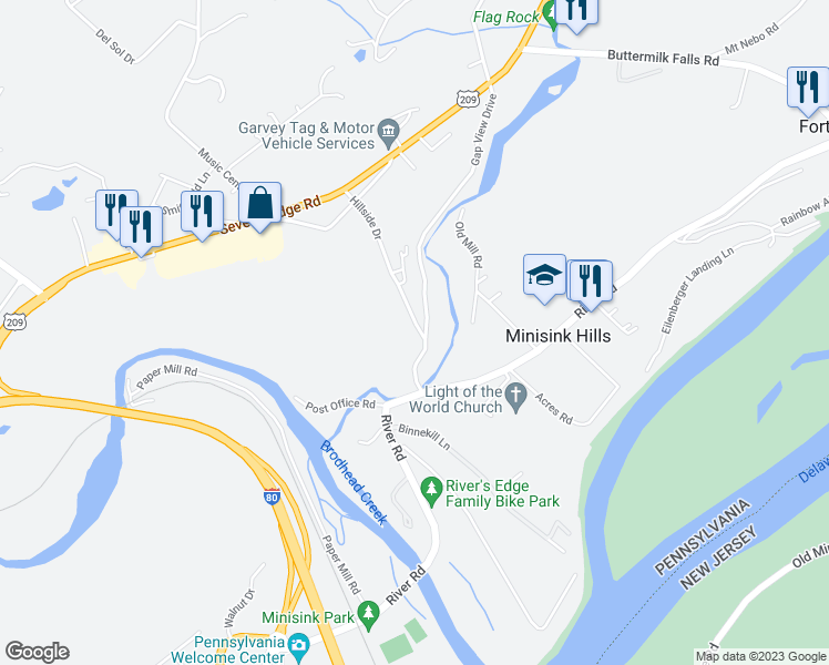 map of restaurants, bars, coffee shops, grocery stores, and more near 1160 Hillside Drive in East Stroudsburg