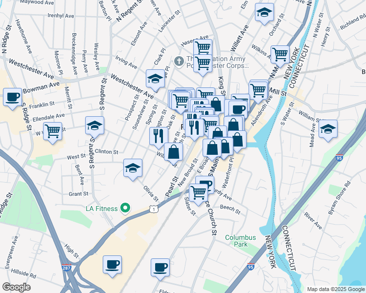 map of restaurants, bars, coffee shops, grocery stores, and more near 49 Grove Street in Port Chester