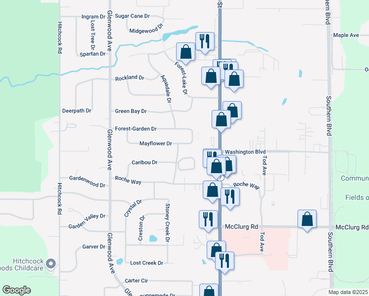 map of restaurants, bars, coffee shops, grocery stores, and more near 68 Mayflower Drive in Youngstown