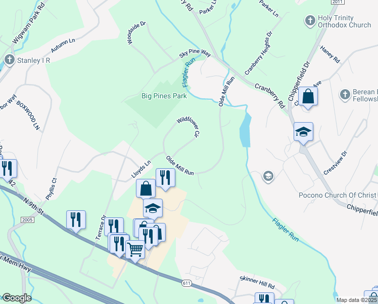 map of restaurants, bars, coffee shops, grocery stores, and more near 5777 Wildflower Circle in Stroudsburg