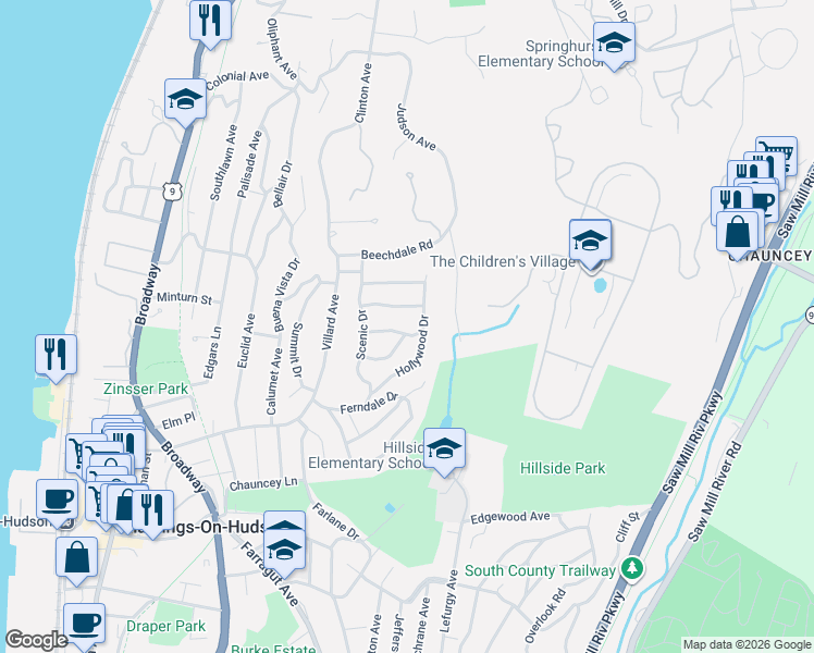 map of restaurants, bars, coffee shops, grocery stores, and more near 44 Oakdale Drive in Dobbs Ferry