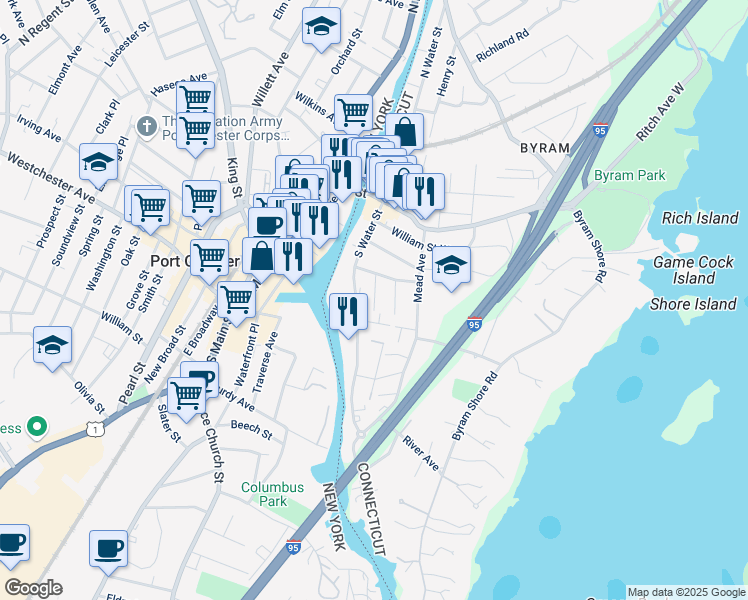 map of restaurants, bars, coffee shops, grocery stores, and more near 24 Division Street West in Greenwich
