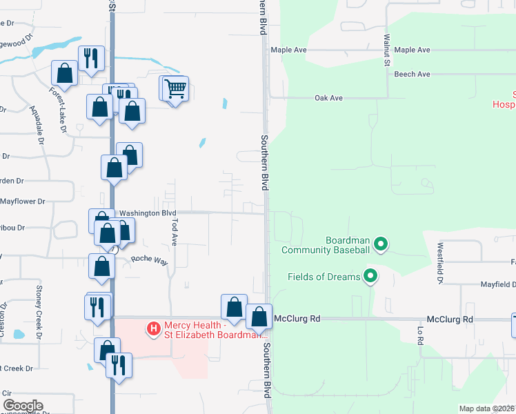 map of restaurants, bars, coffee shops, grocery stores, and more near 8172 Southern Boulevard in Youngstown