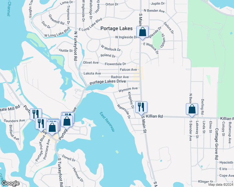 map of restaurants, bars, coffee shops, grocery stores, and more near 62 Portage Lakes Drive in Akron